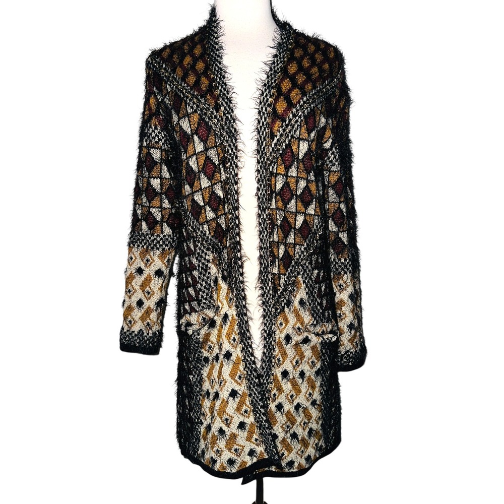 Boho Open-Front Fuzzy Knit Cardigan Sweater in Black and Tan